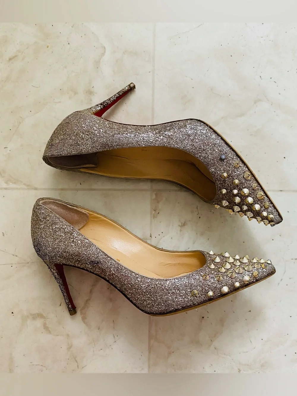 Christian Louboutin Silver Glitter Gold Spikes Pointed Toe Pumps Heels 7.5/37.5